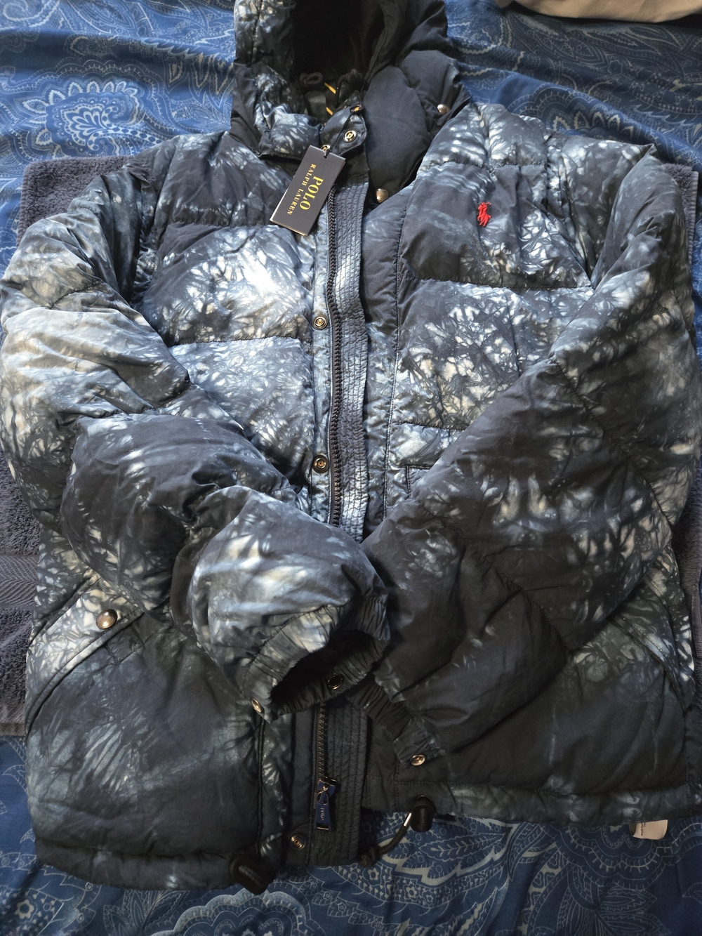 Polo by Ralph Lauren Men's Navy and White Tie-Dye Puffer Jacket